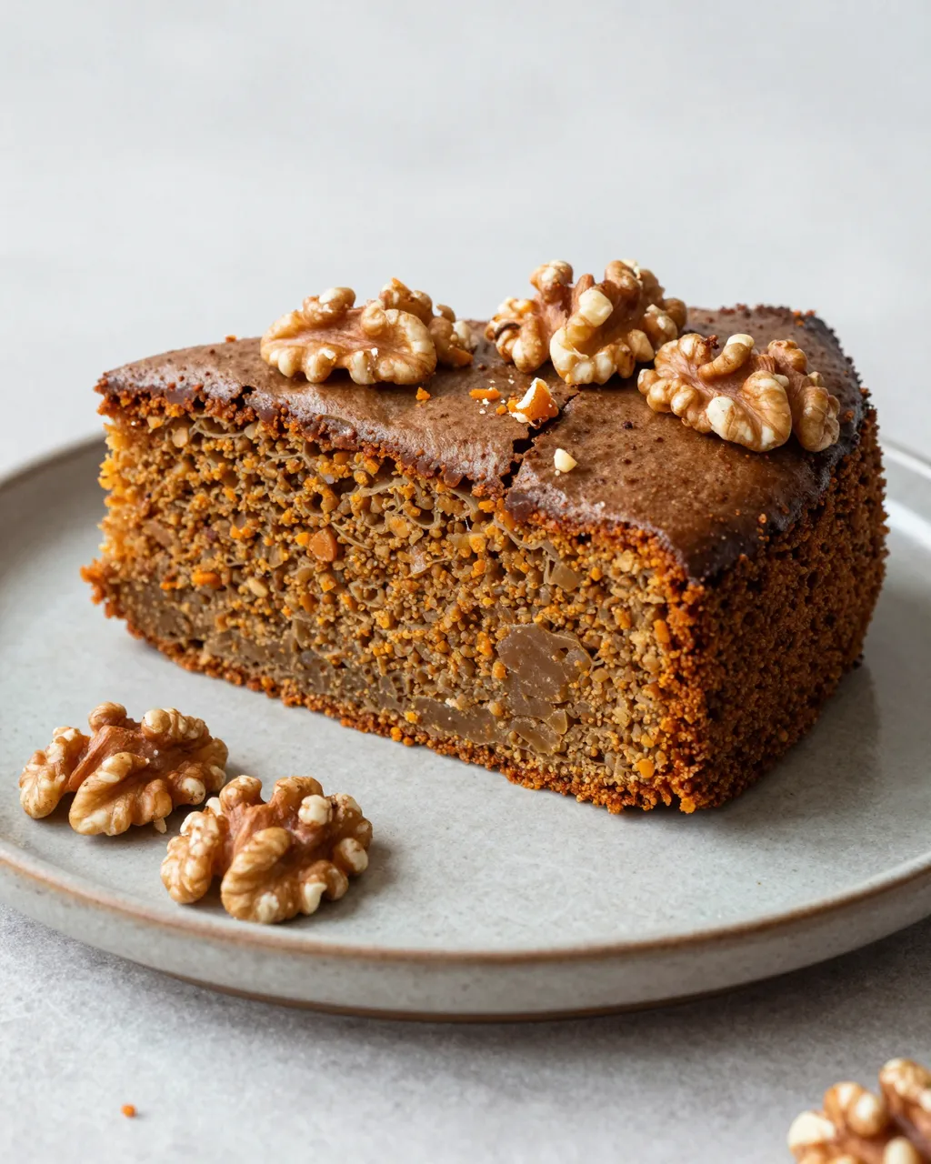 Slice of spiced carrot cake topped with walnuts resting on a rustic gray plate