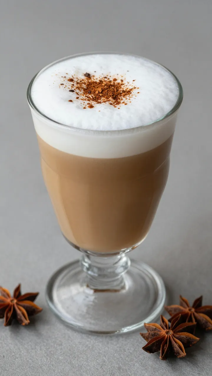 Layered chai latte with foam and spice dusting sits with star anise on a gray surface