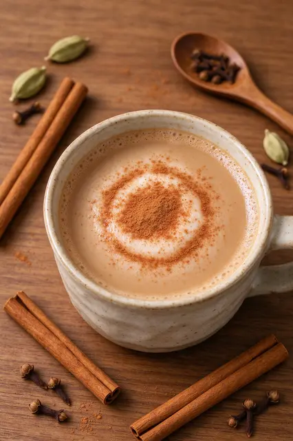 Top-down view of a foamy chai latte in a handmade mug surrounded by cardamom, cloves and cinnamon sticks on a wooden table