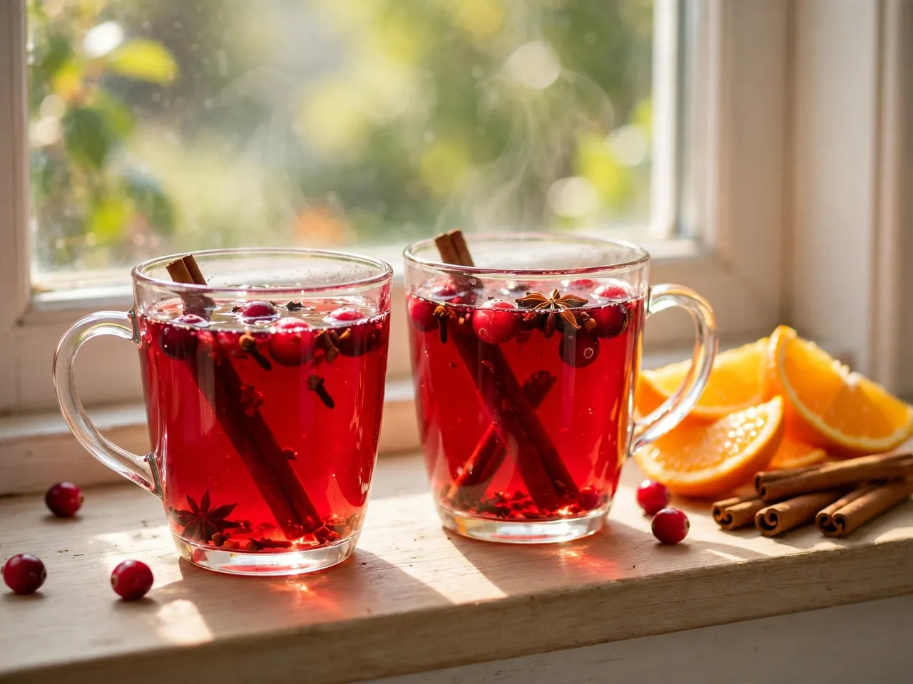 Two steaming glass mugs of ruby red spiced cranberry tea sit on a sunny windowsill with orange slices and cinnamon sticks.
