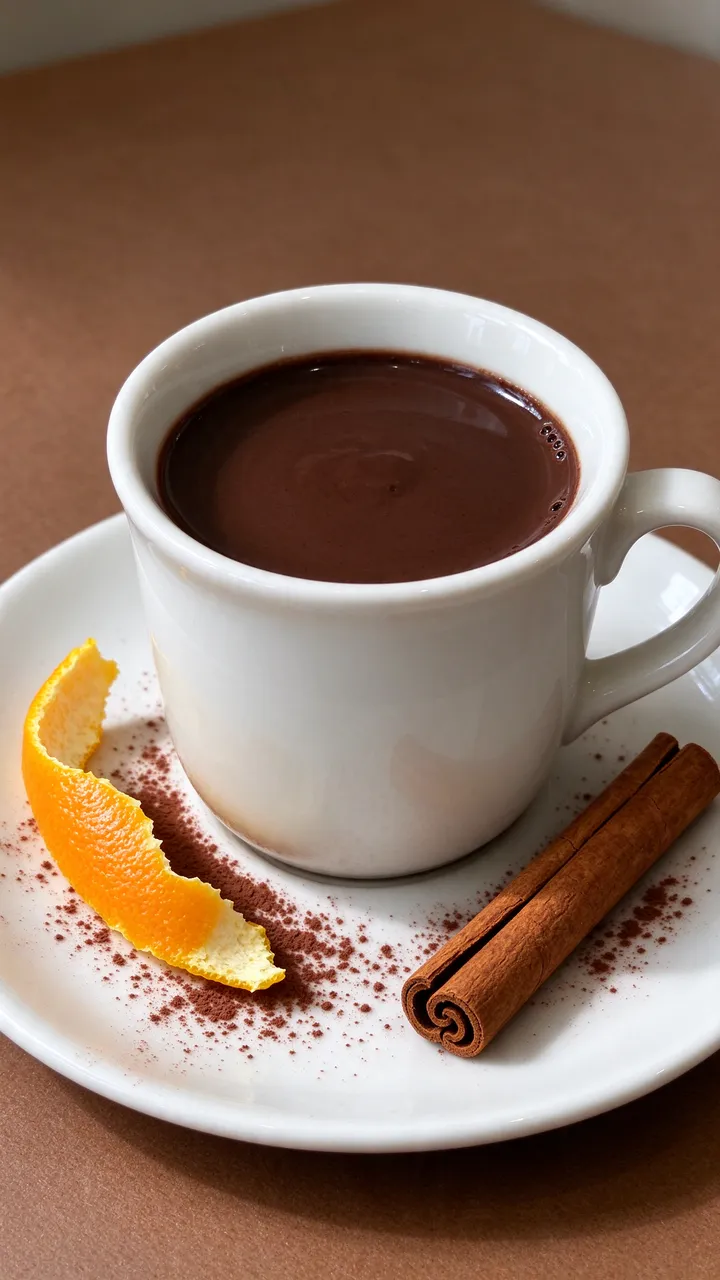 A small white cup of thick hot chocolate sits on a cocoa-dusted saucer with an orange peel and cinnamon stick.
