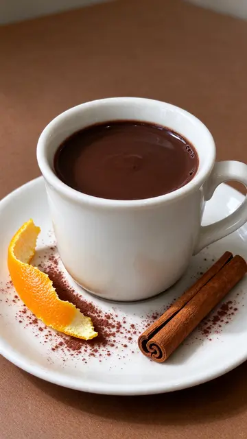 A small white cup of thick hot chocolate sits on a cocoa-dusted saucer with an orange peel and cinnamon stick.