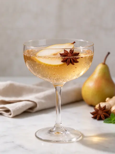 Sparkling spiced pear ginger mocktail in a coupe glass garnished with pear slice and star anise on a marble countertop