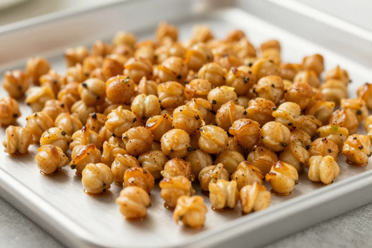 Crispy spiced roasted chickpeas scattered across a metal baking tray.
