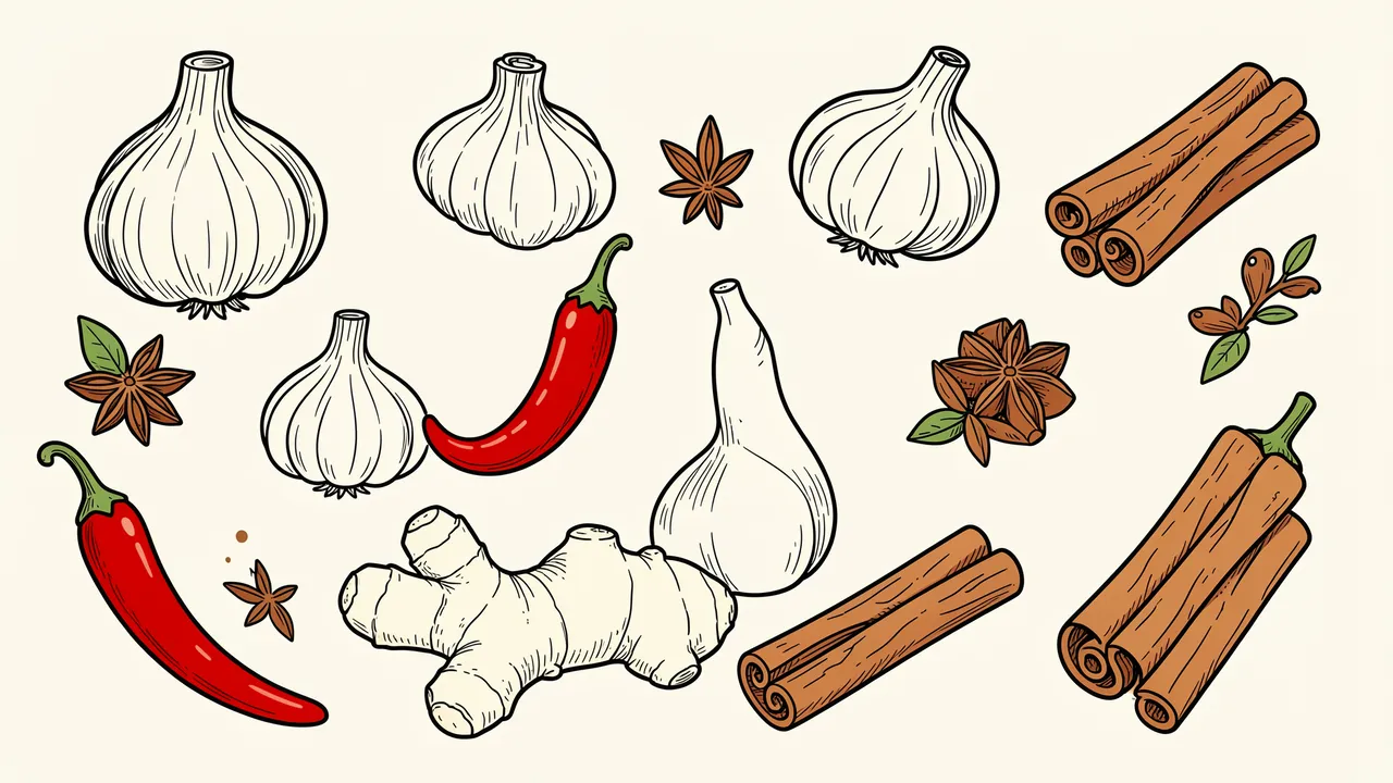 Hand drawn monoline doodle arrangement of common cooking spices on a plain off-white background