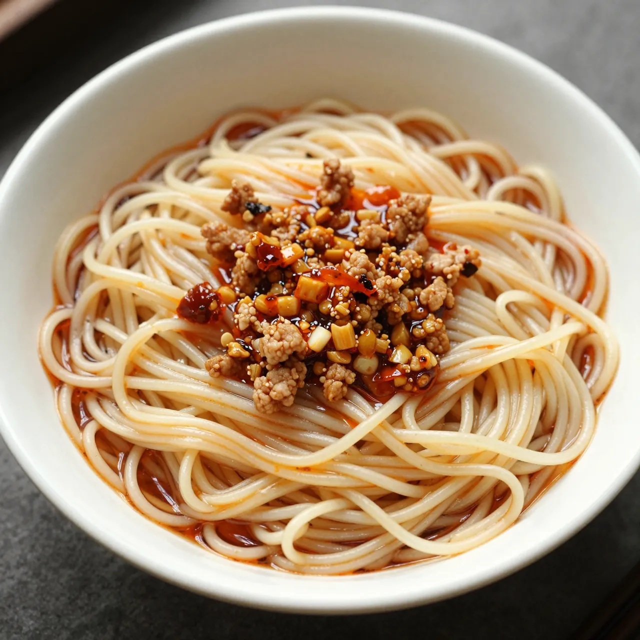 Top-down view of a white bowl of dan dan noodles topped with chili oil and minced pork.