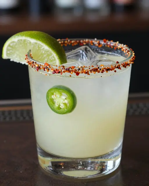 Spicy margarita with chili salt rim, jalapeno slice and lime on a dark bar counter