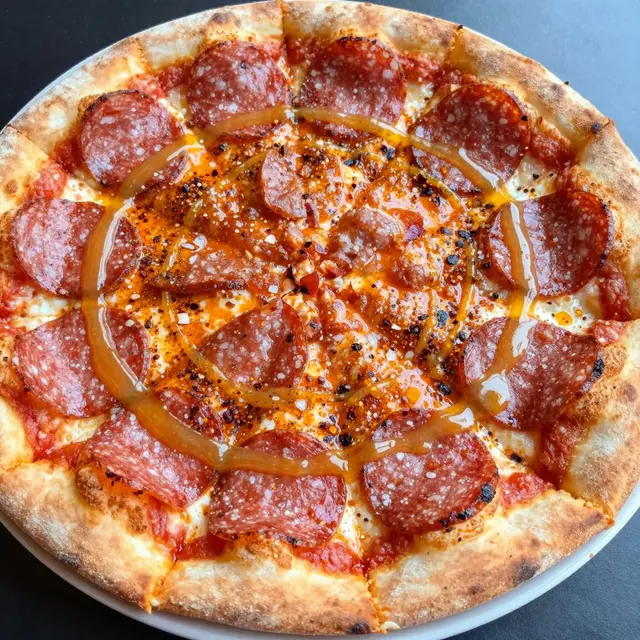 Top view of a fresh baked salami pizza drizzled with hot honey and sprinkled with chili flakes