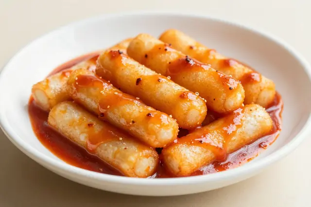 Cylindrical tteokbokki rice cakes coated in glossy spicy red sauce sit in a white bowl on a neutral countertop
