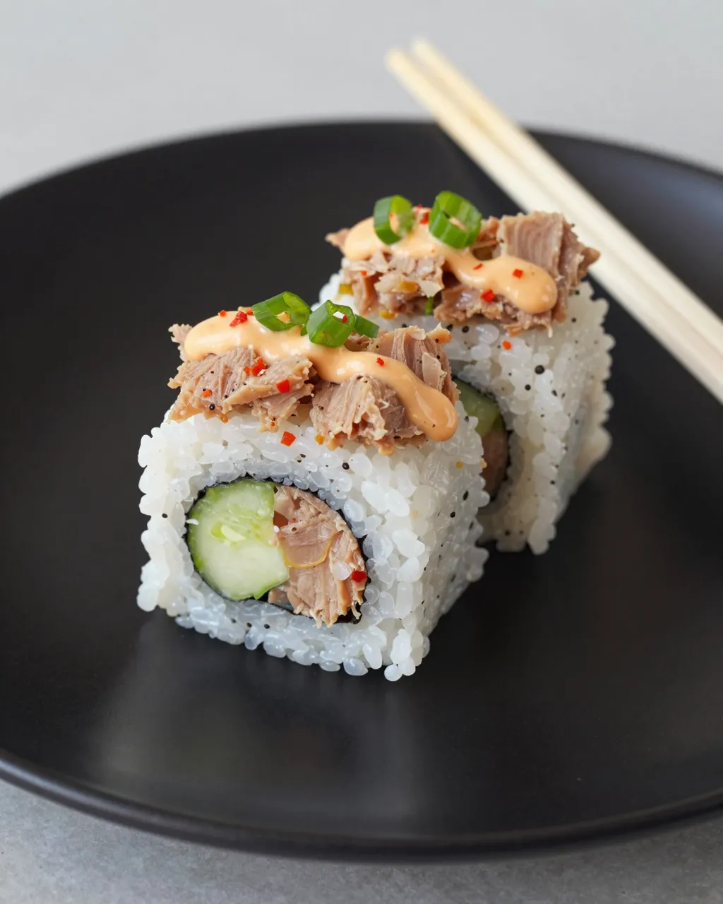 Two spicy tuna sushi roll slices topped with mayo and scallions sit on a black plate next to wooden chopsticks