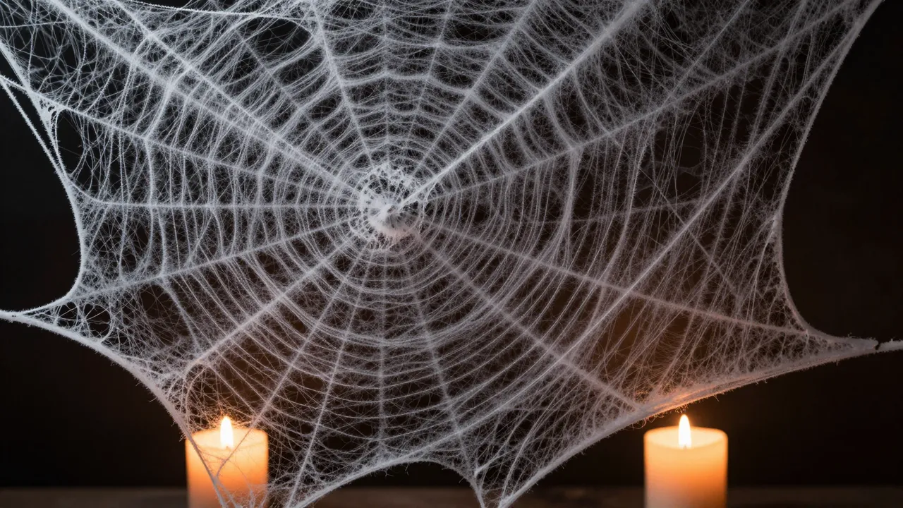 Delicate white cobweb spans the frame above two lit candles against a dark background