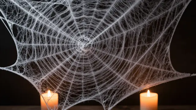 Delicate white cobweb spans the frame above two lit candles against a dark background