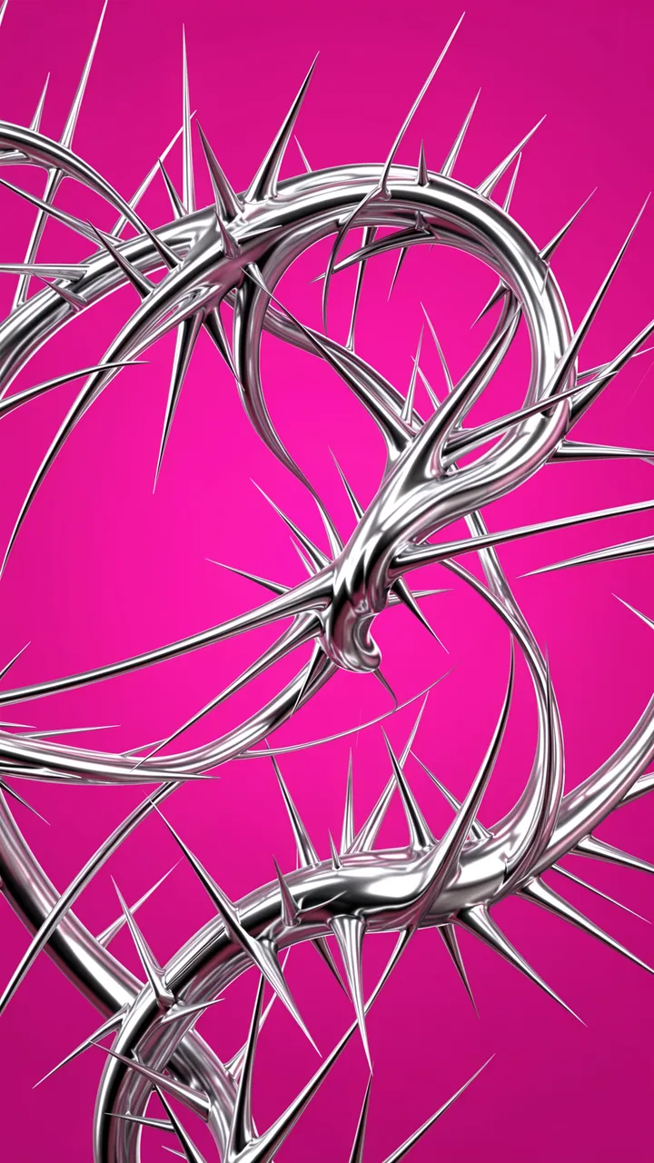 Shiny sharp spiky metallic silver swirls curl across a solid hot pink background for a vertical wallpaper