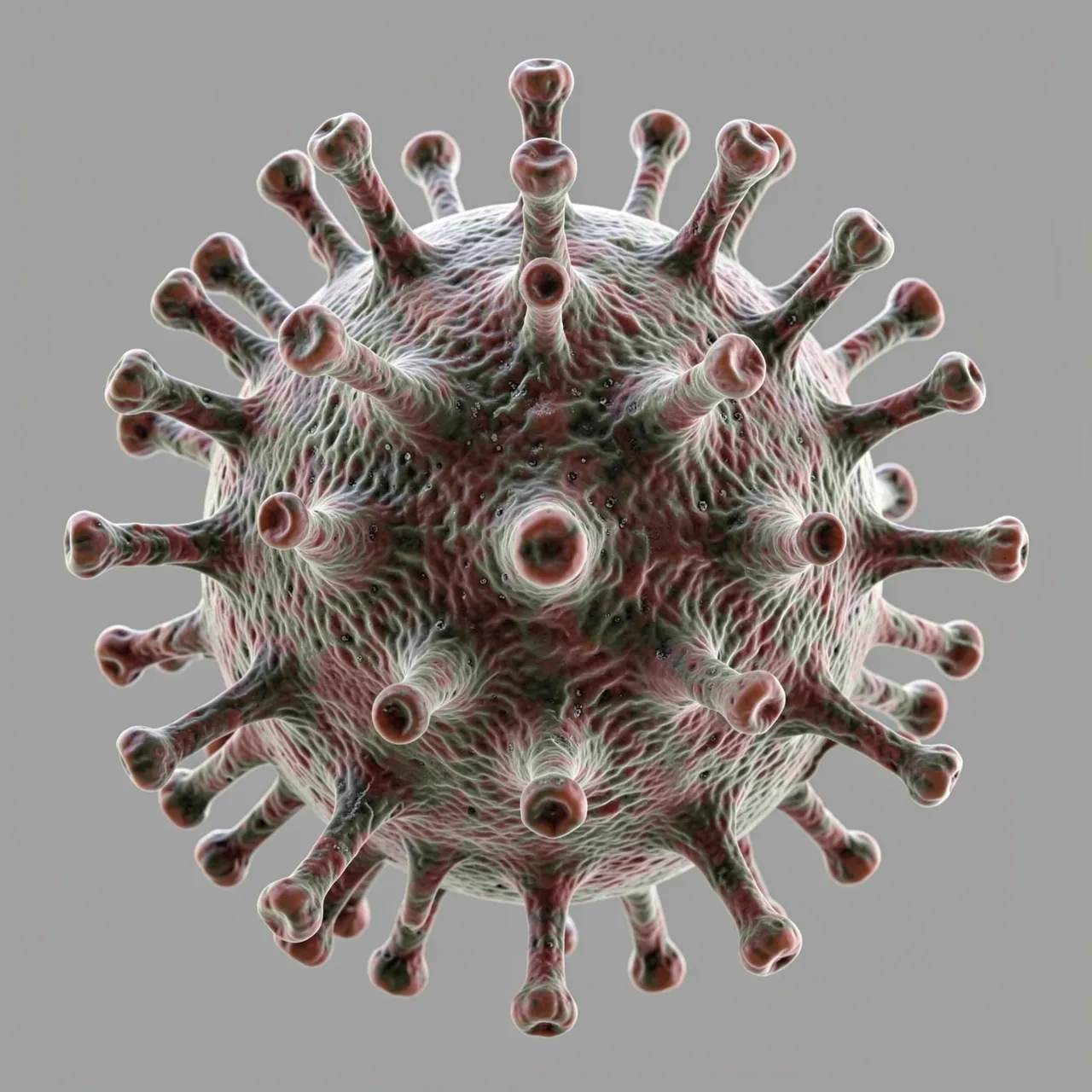 A detailed 3D render of a spherical virus particle with protruding spike proteins against a plain gray background