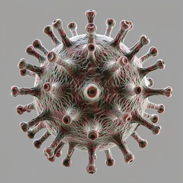 A detailed 3D render of a spherical virus particle with protruding spike proteins against a plain gray background