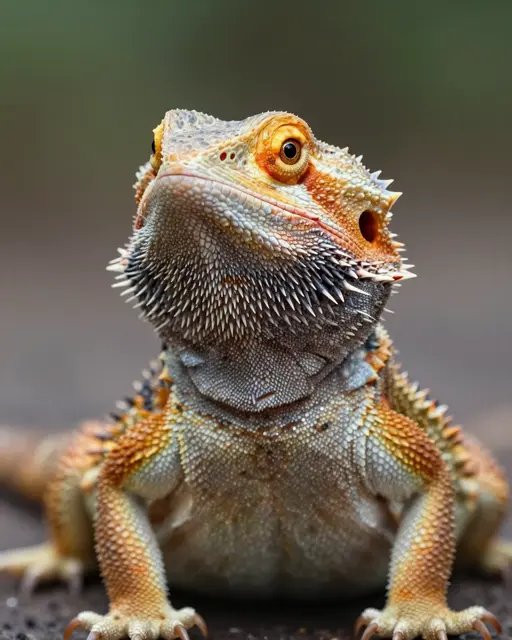 A close-up portrait of a spiky bearded dragon looking directly toward the camera on a blurred natural background