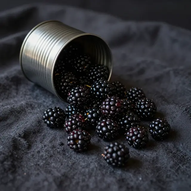 Dark glossy blackberries spilling from a tipped metal tin onto crumpled dark linen fabric