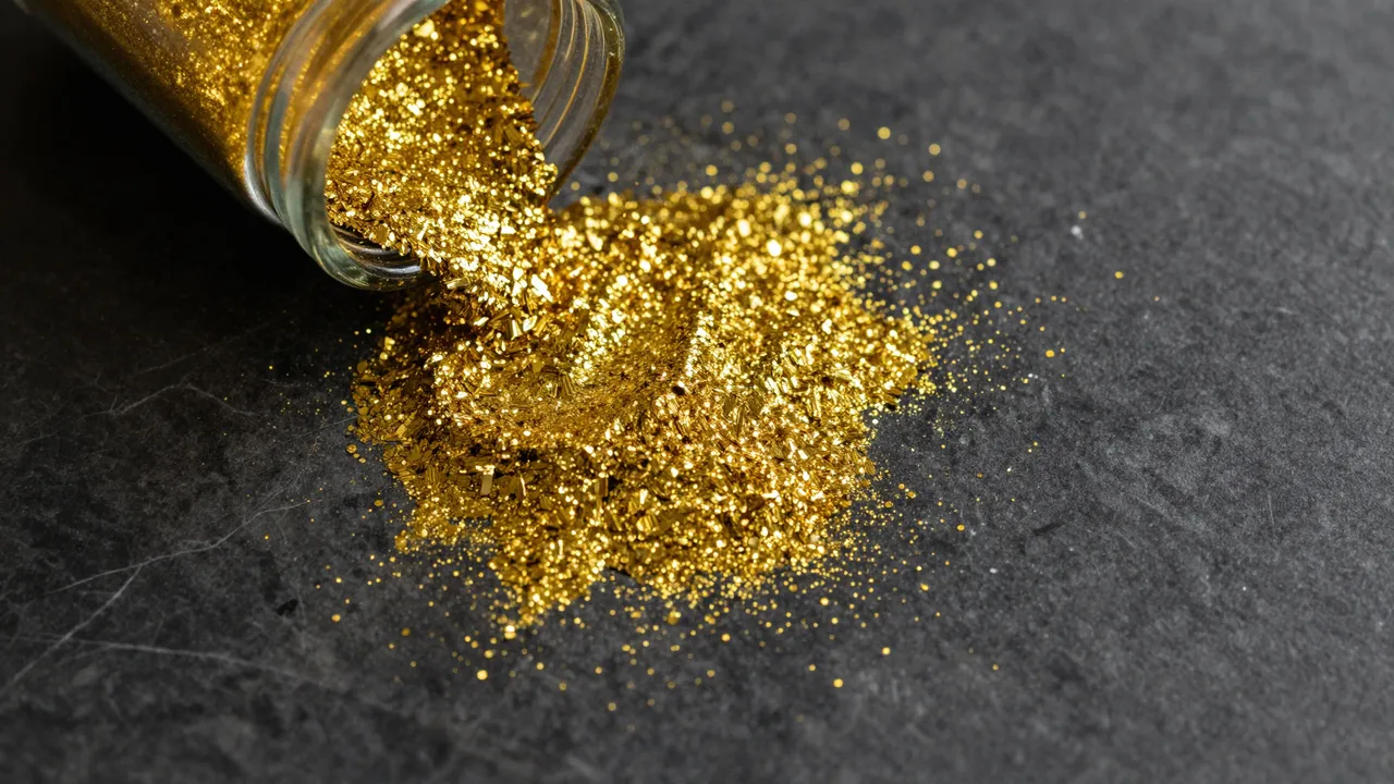 Top view of fine gold glitter spilling from a small glass jar onto dark black marble surface