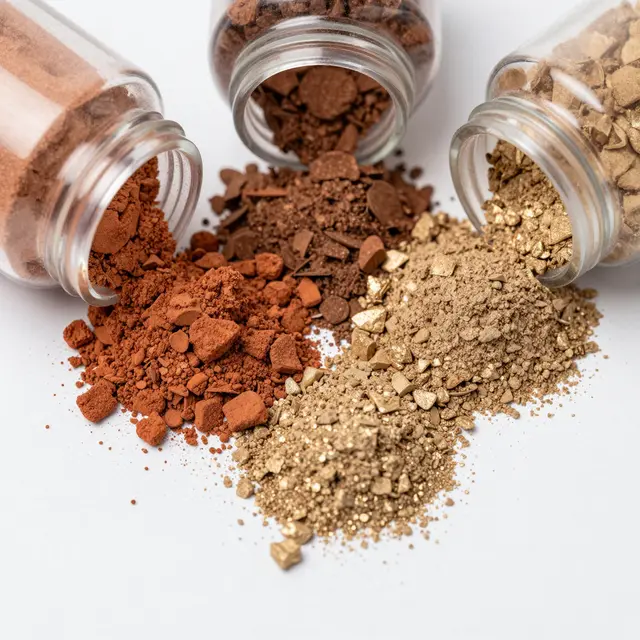 Three small glass pots spilling terracotta, bronze and gold loose makeup powder onto a light white surface