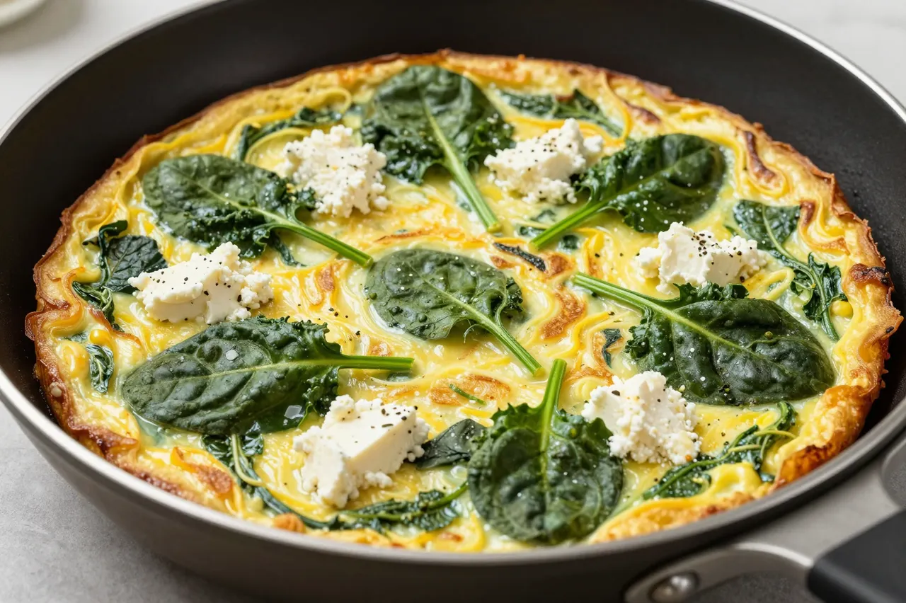 Freshly baked spinach and feta frittata topped with whole leaves and cheese sits in a nonstick skillet.