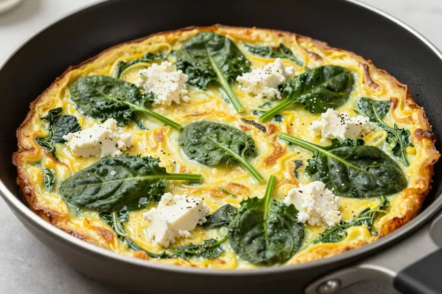 Freshly baked spinach and feta frittata topped with whole leaves and cheese sits in a nonstick skillet.