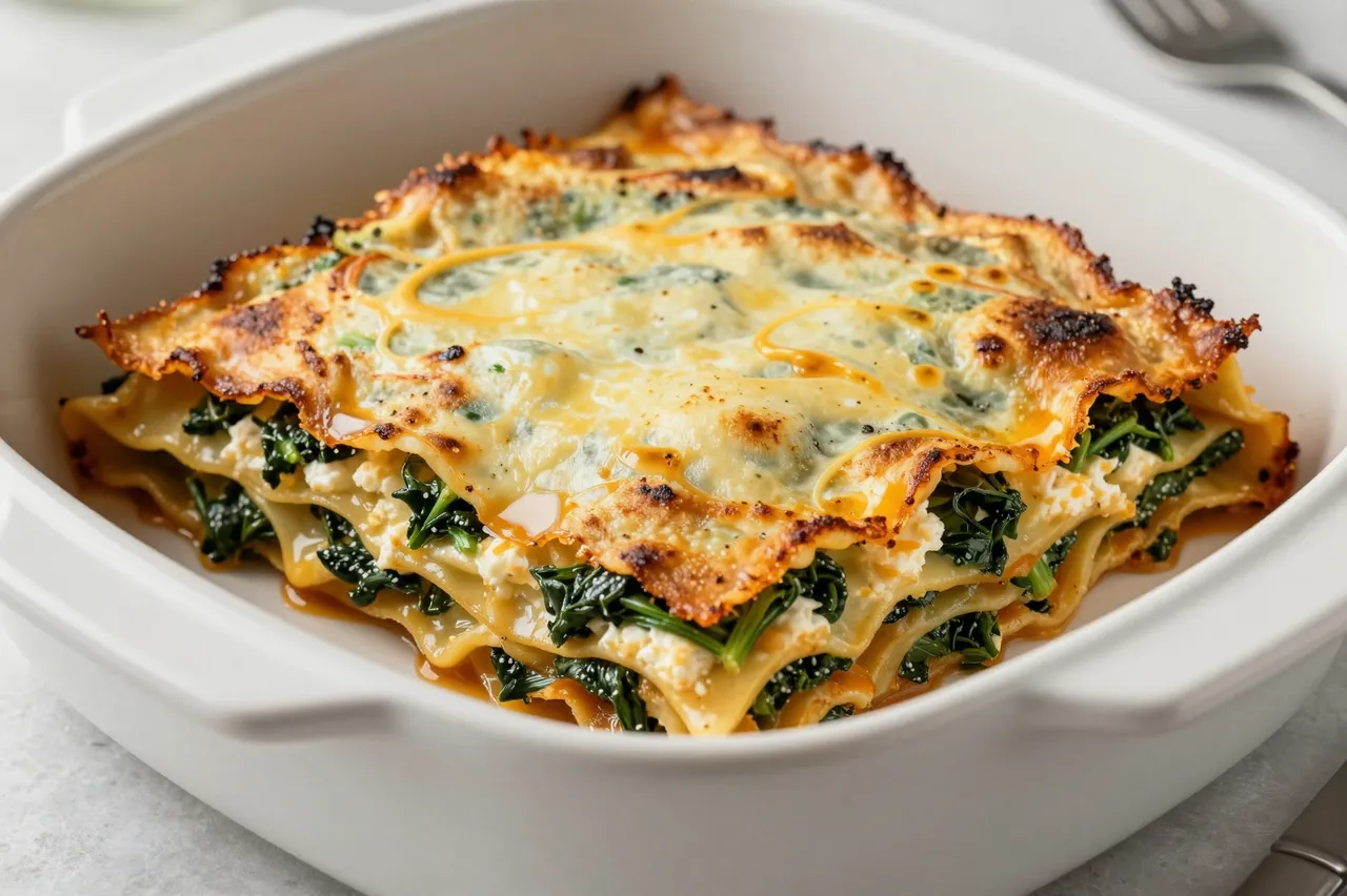 Baked spinach and ricotta lasagna with golden melted cheese sits in a white ceramic baking dish on a light countertop