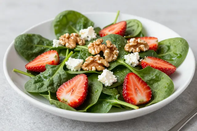 Fresh spinach salad with sliced strawberries, walnuts, and goat cheese crumbles served on a white plate