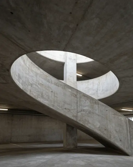 Low angle view of a curved concrete spiral ramp inside an empty multi-level parking garage