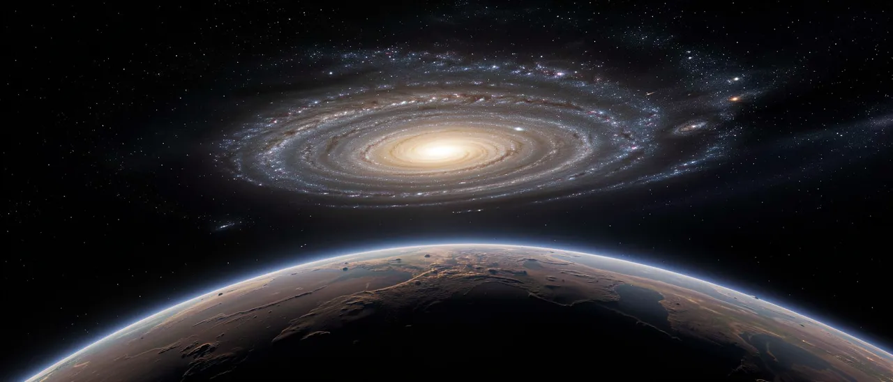 A bright edge-on spiral galaxy floats above the glowing limb of a rocky alien planet in deep space