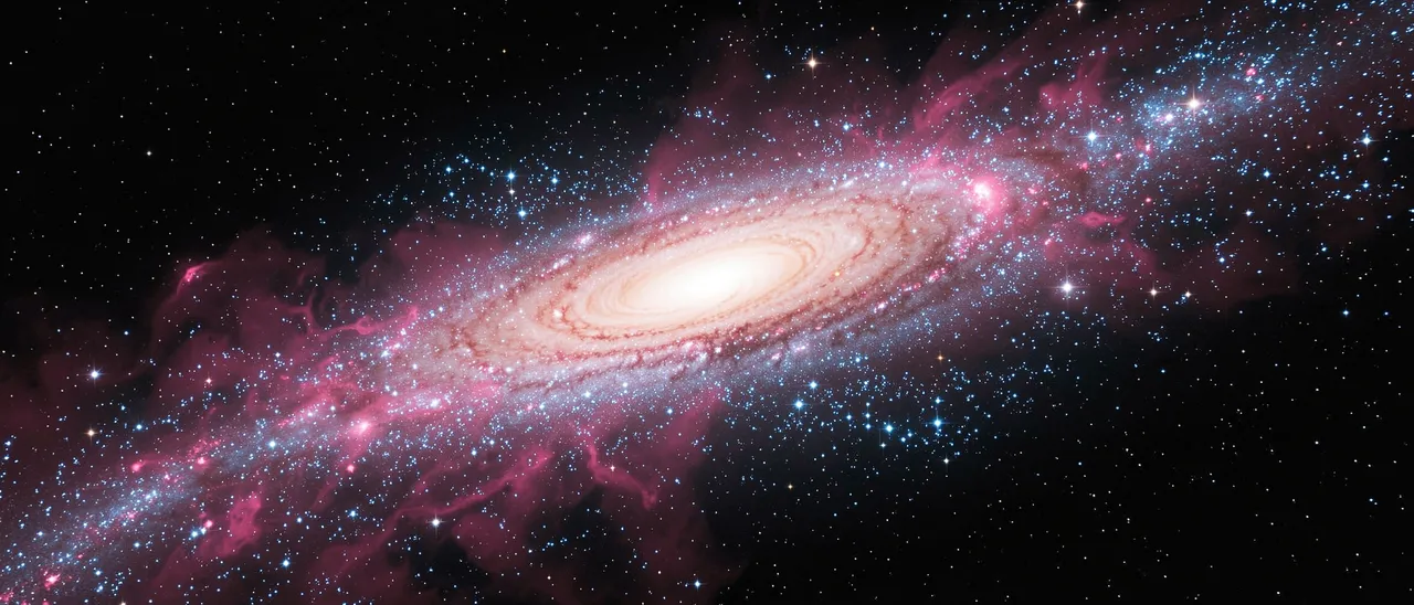Ultrawide view of a spiral galaxy with glowing pink nebulae and bright blue star clusters against dark space