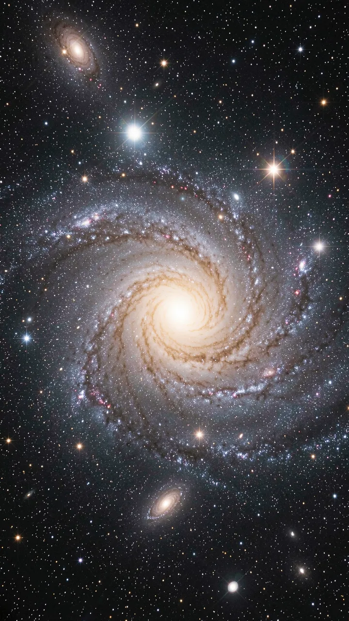 A grand spiral galaxy glows with bright stars and smaller companion galaxies against dark deep space