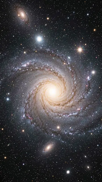 A grand spiral galaxy glows with bright stars and smaller companion galaxies against dark deep space