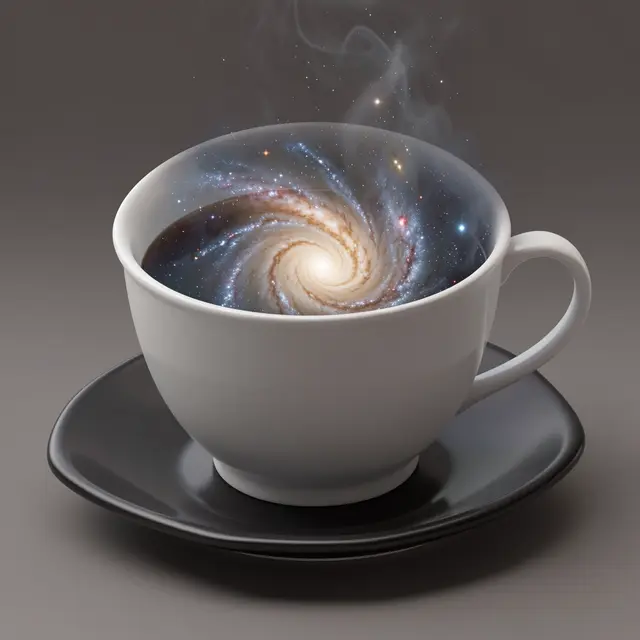 A white porcelain teacup holding a swirling spiral galaxy sits on a dark saucer against a muted gray background