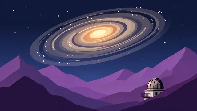 A glowing spiral galaxy hangs above layered purple mountains and a small observatory dome under a starry night sky