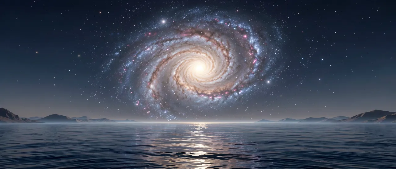 A bright spiral galaxy hangs over calm still alien ocean waters with distant mountain silhouettes along the horizon