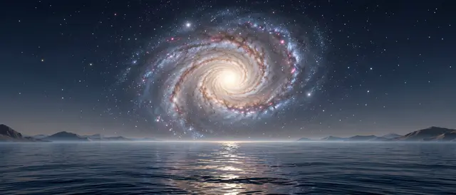 A bright spiral galaxy hangs over calm still alien ocean waters with distant mountain silhouettes along the horizon