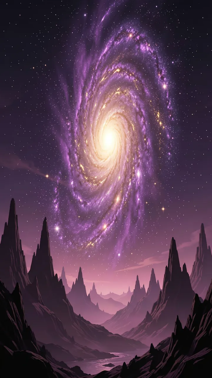 A glowing violet and gold spiral galaxy hangs above jagged silhouetted alien mountain peaks at night