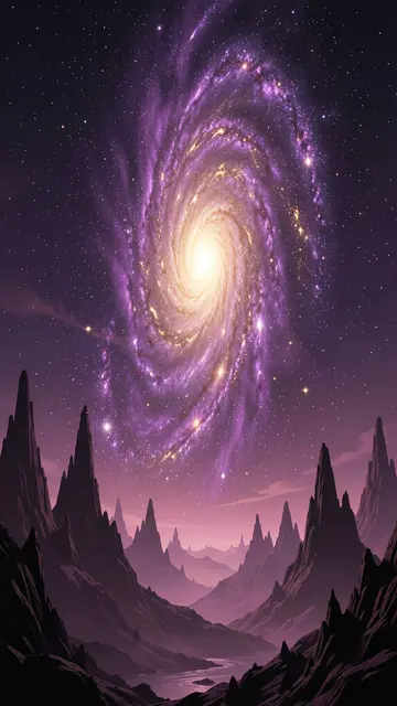 A glowing violet and gold spiral galaxy hangs above jagged silhouetted alien mountain peaks at night