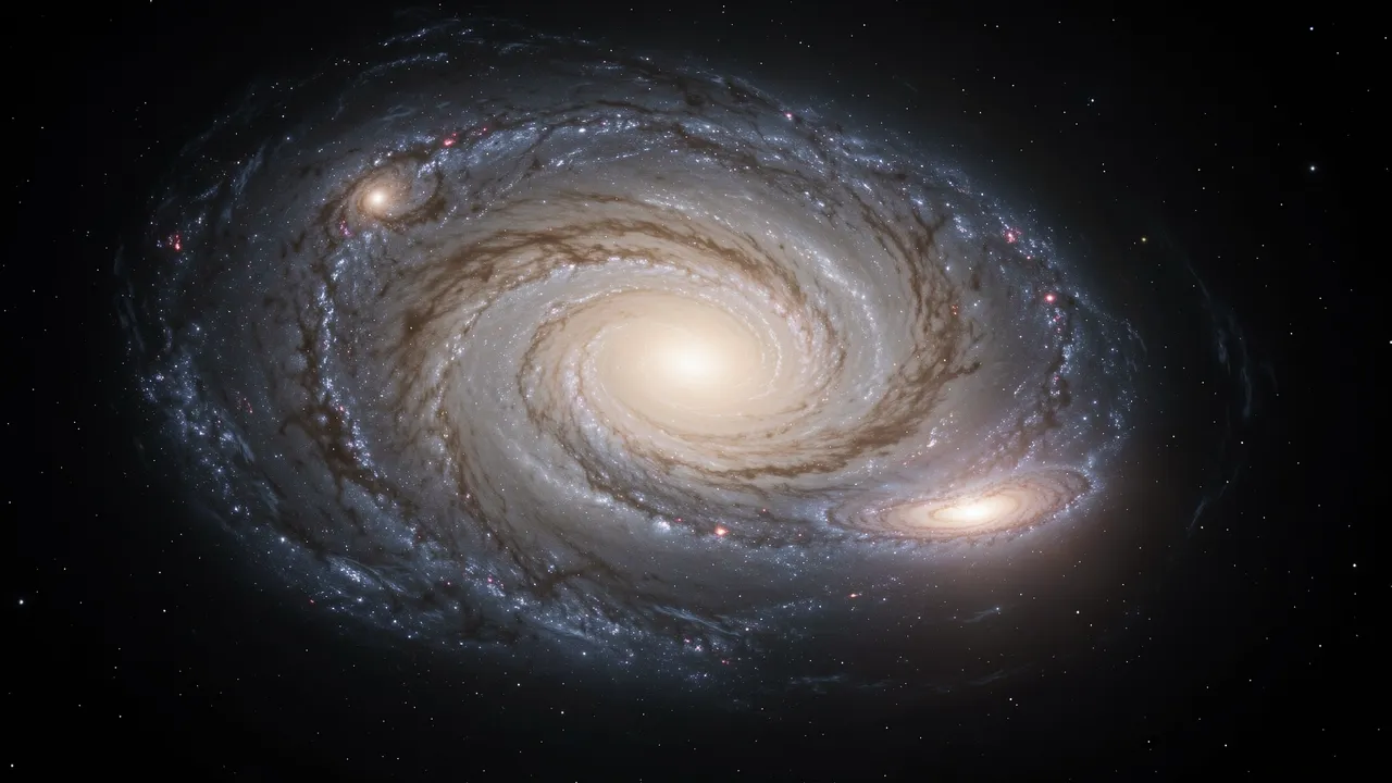 Large spiral galaxy with smaller companion satellite galaxies set against a dark starry space background