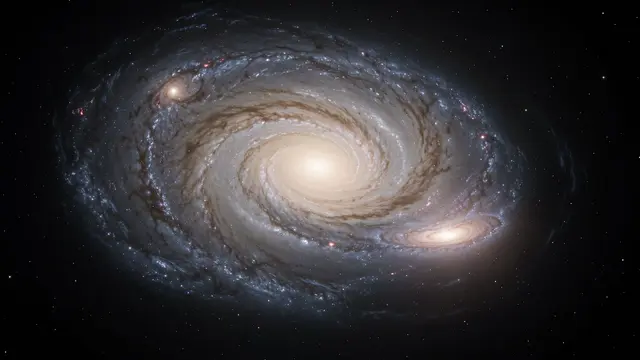 Large spiral galaxy with smaller companion satellite galaxies set against a dark starry space background