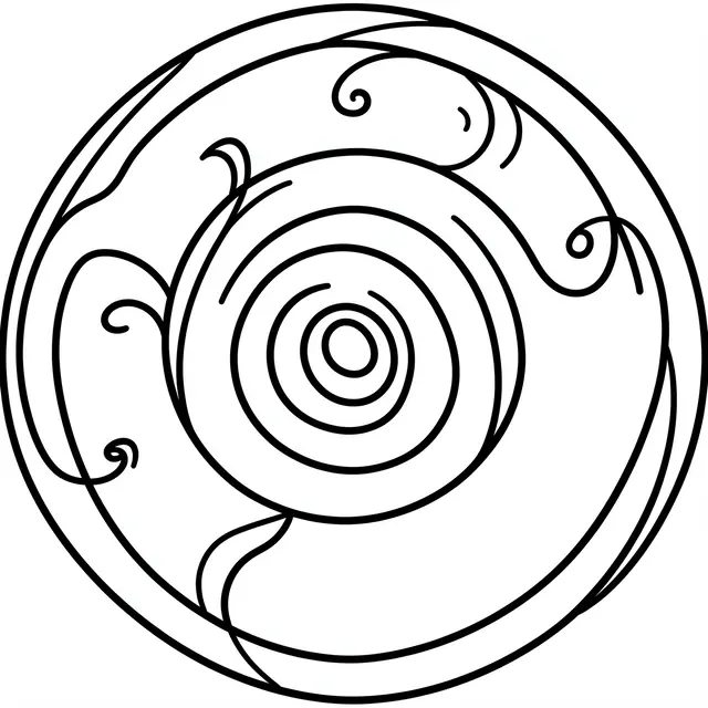 Black and white bold line art of a swirling spiral mandala on a plain white background