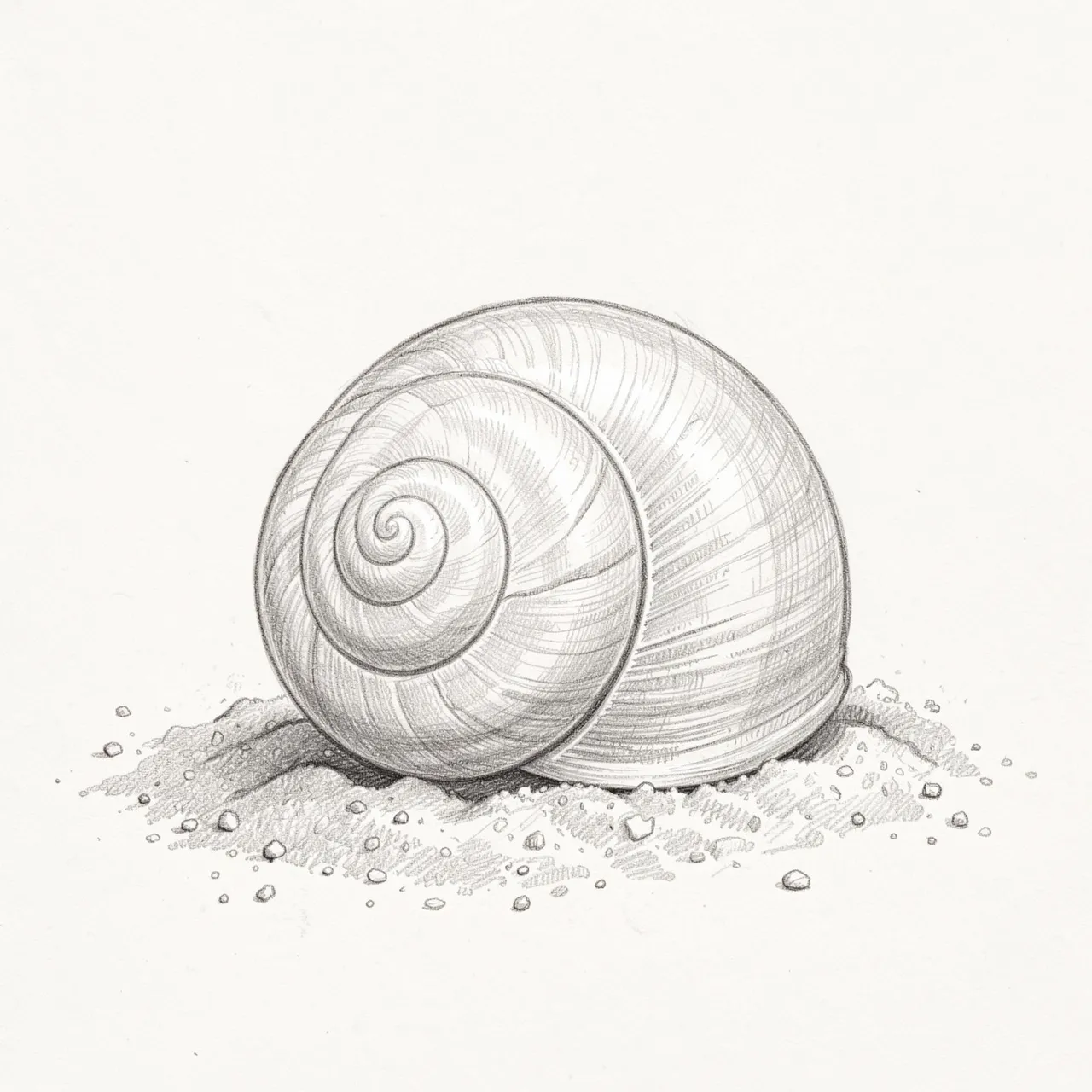 Detailed graphite pencil sketch of a coiled spiral seashell resting on textured sand