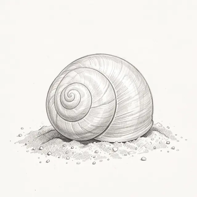 Detailed graphite pencil sketch of a coiled spiral seashell resting on textured sand
