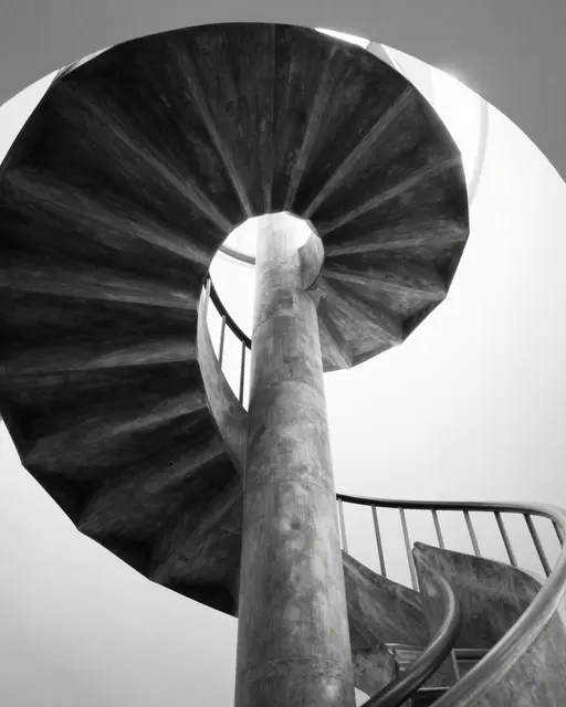 Low angle black and white view of a concrete spiral staircase looking upward from its base