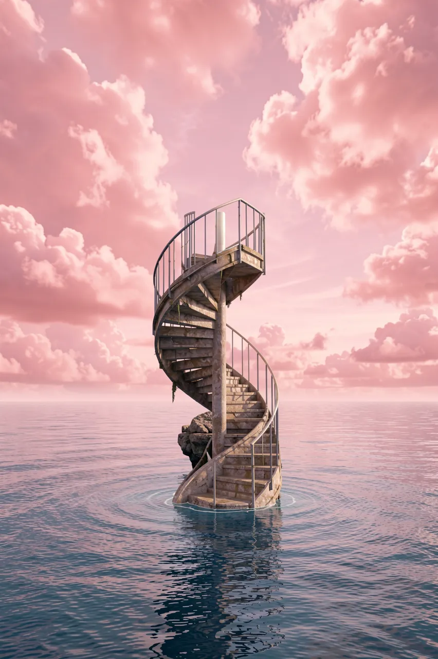 A weathered spiral staircase rises from calm blue sea toward fluffy pink clouds