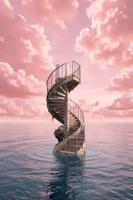 A weathered spiral staircase rises from calm blue sea toward fluffy pink clouds
