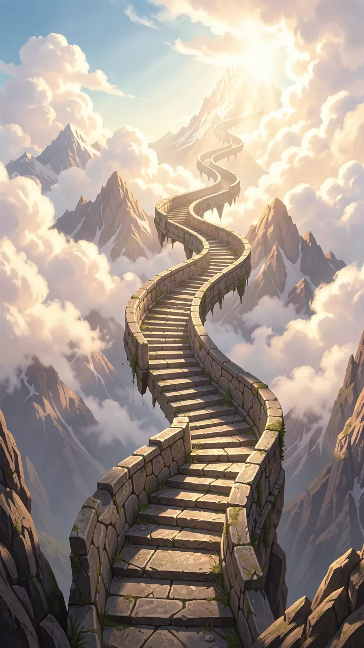A winding spiral stone staircase rises through glowing clouds above jagged mountain peaks at sunrise.