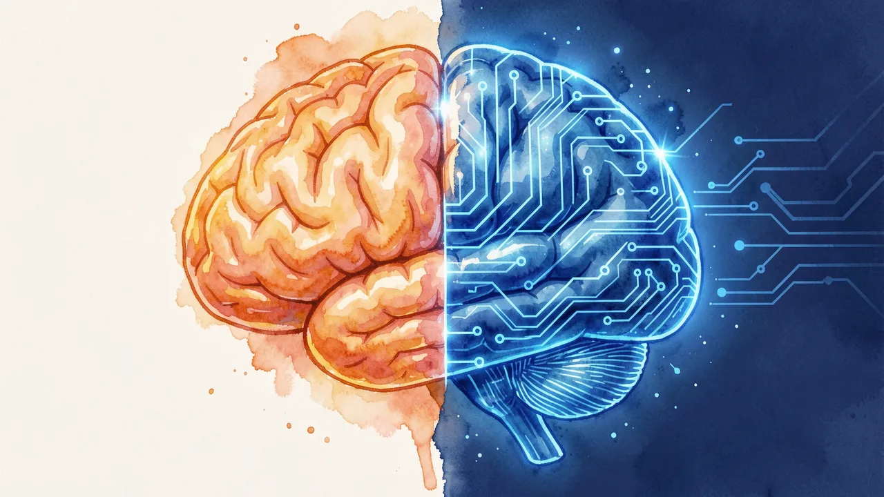 A watercolor brain split vertically into a warm organic left half and glowing circuit right half