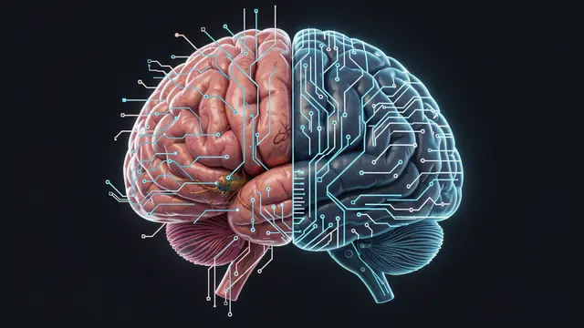 A stylized brain split down the middle between a biological organic half and a glowing circuit artificial half against a