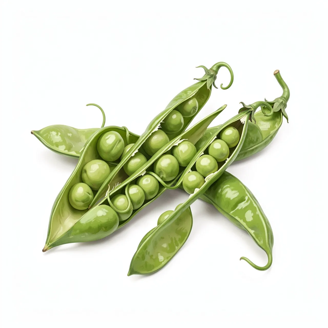 Hand-painted split green pea pods with visible round peas and curly tendrils rest on a plain white surface